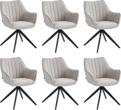 Colenis® - Yasmin Eetkamerstoel - Set van 6 - Taupe - Chenille Stof - Gestoffeerde zitting - Metalen poten - 180° - Draaistoel