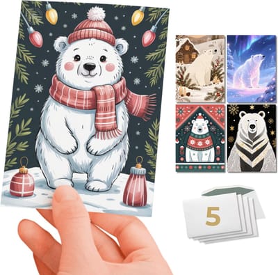 Inspra Studio – Luxe Kerstkaarten met Enveloppen – 5 Stuks – Dieren Wenskaarten Collectie – Mix van 5 Unieke Illustratiestijlen – IJsbeer
