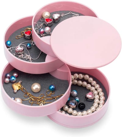 Famanu - Sieraden Organisator, Kleine Sieradendoos Oorbelhouder voor Vrouwen, Sieraden Opbergdoos 4-Lagig Draaibaar Sieraden Opbergbakje met Deksel voor Ringen Armbanden (Roze)