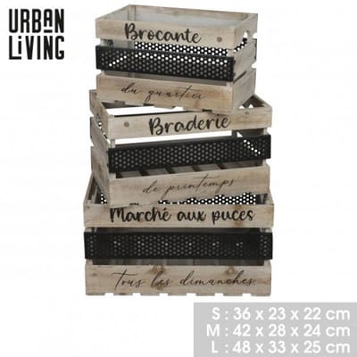 "LOFT & WOOD" Decoratieve rechthoekige houten kisten met zwart metaal x3