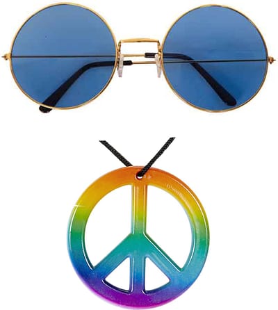 Widmann - Hippie Flower Power verkleed set peace ketting en blauwe party bril