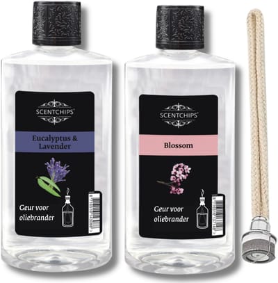 Scentchips Eucalyptus lavendel + Blossom + Lont - Geurolie Voor Oliebrander Set van 2 - Inclusief Geurlont - Parfum Olie - Geurolie Voor Lampenolie - Geurlamp Olie - 475ml x 2