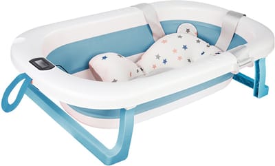 PIPIPOXER- Opvouwbaar babybadje met digitale thermometer en kussen geschikt voor baby's van 0 tot 36 maanden Blauw