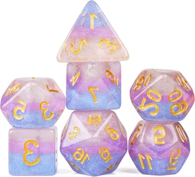 Veelvlakse Dobbelstenen Set - RPG Dobbelstenen DND - Tafelspel Spelen - Dromerige Glitter Vulling - 7 Stuks - Roze Paars Blauw