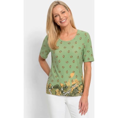 Viscose shirt met bloemen- en bladerprint - lichtgroen / honing / gedess. - Gr. 44 van Goldner Fashion