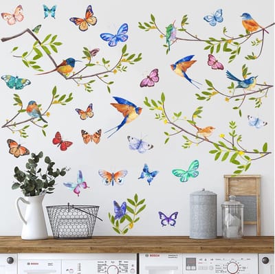 Candala 55 stuks kleurrijke vogel-raamstickers, doe-het-zelf muurstickers, vogels, boom, aquarel, vlinders, groene bladeren, muurstickers voor meisjes, slaapkamer, dieren, raamafbeelding voor