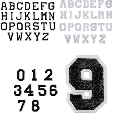 Somstyle 62-Delige Strijk Embleem Set - Hoofdletters & Cijfers - Patches voor Kleding - Stof & Strijk Applicatie - Zwart & Wit