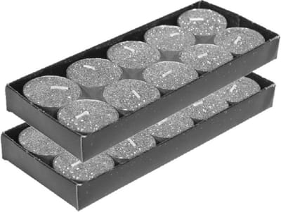 Gerimport theelichtjes/waxinelichtjes kaarsjes- 20x - zilver glitters 3,5 cm