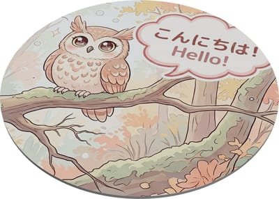 Muismat Rond Kawaii Uil - Schattige Nachtuil op Tak - Herfst Kleuren met Japanse Hello Tekstballon - Bosdieren Illustratie - Bureau Decoratie Meisjes - Persoonlijk Cadeau voor haar: Vriendin & Collega - Warme Pastel Tinten Tekening