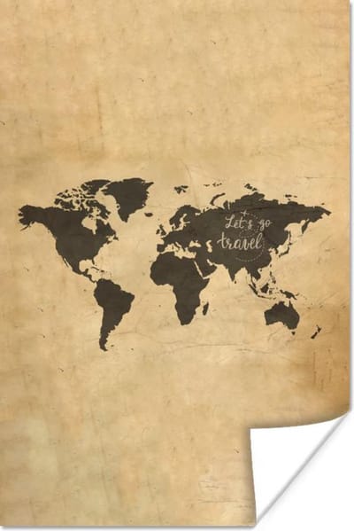 Poster 60x90 cm - Wereldkaart - Vintage - Perkament - Posters - Kamer decoratie - Wanddecoratie woonkamer - Muurdecoratie slaapkamer