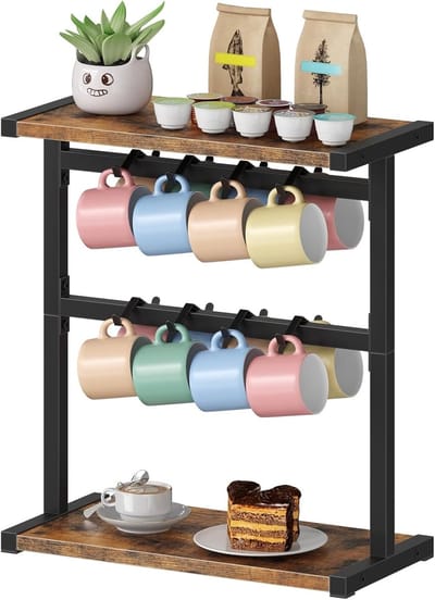Cup Holder met 16 Haken, Chipboard Koffiekopjesstandaard voor Aanrecht, Vintage Bruin en Zwart, Ideaal voor Keuken en Organisatie