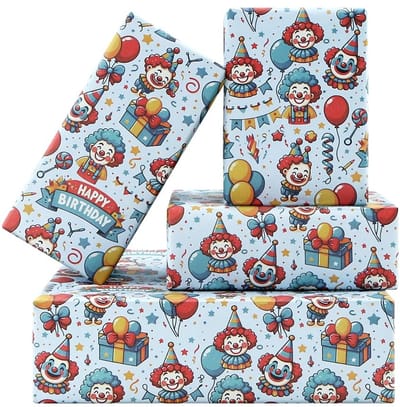 Dailygoods- Cadeaupapier Rood/Blauw - 4 Vellen - Verjaardag/Babyshower - Clown/Kind - Duurzaam/Papier - Geschikt voor Knutselprojecten - Inpakpapier
