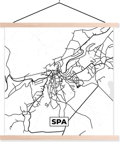Posterhanger incl. Poster 40x40 cm - Schoolplaat - Zwart Wit – België – Plattegrond – Stadskaart – Kaart – Spa - Textielposter - Blanke latten - Stadskaart