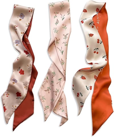 3-delige Skinny Zijden Sjaal voor Vrouwen en Meisjes - Smalle Lange Neckerchief met Bloemenprint en Stippenpatroon, Rood, Één Maat, Perfect voor Accessoires en Mode