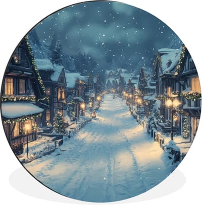 WallCircle - Wandcirkel - Muurcirkel - Kerstdorp - Kerst - Sneeuw - Winter - Aluminium - Dibond - 140x140 cm - Binnen en Buiten