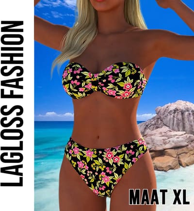 LaGloss® Trendy Strapless Bikini Set – 2-delige Bloemenprint Badmode voor Dames – Strapless Top & Bikini Slip – Maat XL