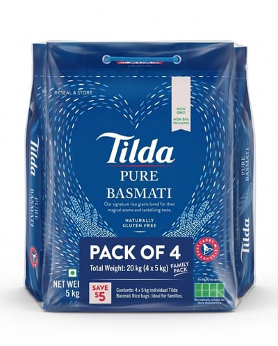 Tilda Pure Original Basmati Rijst - 4 x 5 KG | Multi Voordeelverpakking Basmatirijst - Rijstkorrels met Aroma en lichte Textuur - Afkomstig uit de Himalaya - Vegetarisch - Glutenvrij met Kajal Sticker