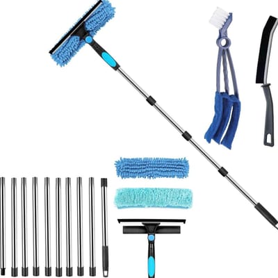 KAD® Ramenwasser Telescopisch - Telescopische Ramenwasser – 2-in-1 Ruitenreiniger met Uitschuifbare Steel – Inclusief Microvezel Doek & Trekker – Voor Ramen & Spiegels - Blauw - 450cm x 35cm x 10cm