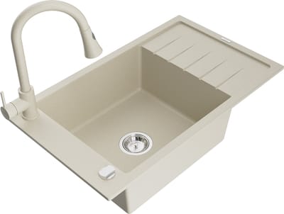 Mexen Elias granieten gootsteen 1-komor met afdruiprek en keukenmengkraan Elia, beige - 6511-69-670101-69
