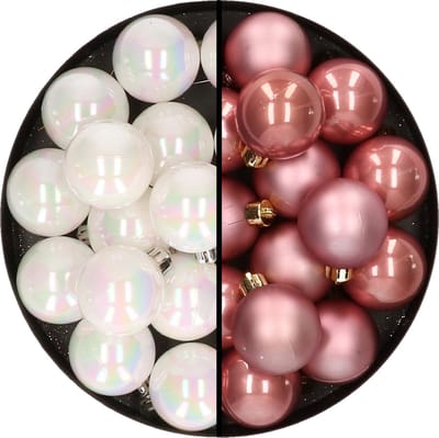 32x stuks kunststof kerstballen mix van parelmoer wit en oudroze 4 cm - Kerstversiering