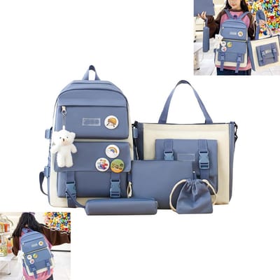 KZQ Leuke rugzakset met 5 stuks canvas schoudertas etui en koerierstas grote capaciteit met berenhanger en badges blauw voor meisjes dames en heren school en dagelijks gebruik