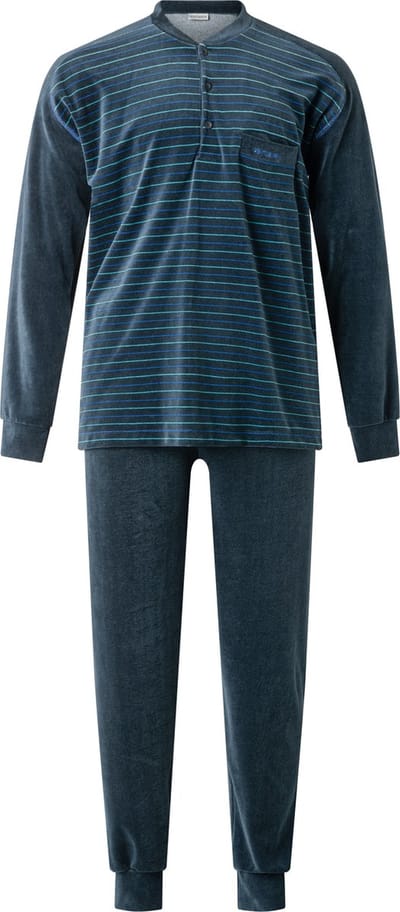Gentlemen - warme heren pyjama 114243 - velours - knoophals - donkerblauw - maat L