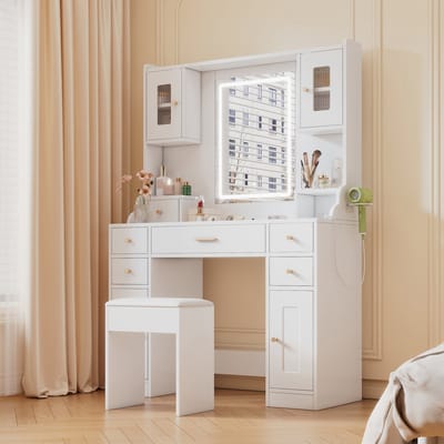 DESMIU Make-uptafel Met Spiegel Verstelbare Verlichting En Stopcontacten Voor Slaapkamer En Dressingkamer Van Spaanplaat Wit 105x40x152 Cm