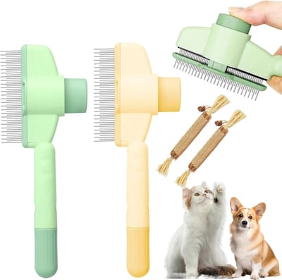 Famanu – Set van 2 kattenborstels voor lang haar, kattenverzorgingskam met ontharingsknop, zelfreinigende kam voor katten en honden
