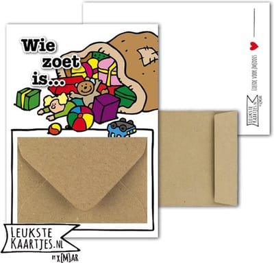 Geldkaart met mini Envelopje -> Sinterklaas - No: 03 (Wie zoet is - zak met gekleurde kadootjes) - LeuksteKaartjes.nl by xMar