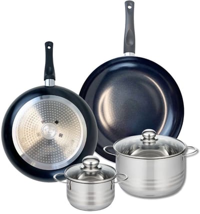 Set van 2 Koekenpannen 28 en 32 cm en 2 kookpotten 14 en 20 cm Elo Prima Glanzend