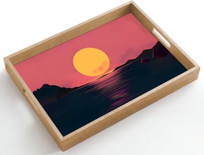 Dienblad hout 50x35 cm - Schootdienblad - Zon - Geel - Bergen - Water - Borrelplank rechthoek - Plateau dienbladen