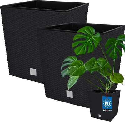 KOTARBAU® Vierkante Bloempot met Inzetpot - Vierkante Plantenbak 40x40 cm 2 Stuks - Plantenpot 64 L - Plantenbak - Kunststof - Rotanlook - Antraciet