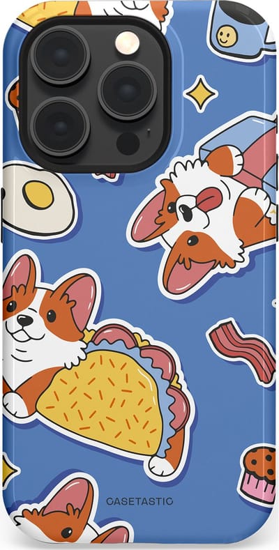 Casetastic Hoesje Geschikt voor Apple iPhone 15 Pro Magsafe - Stijlvolle Beschermende Duo-layer Case - Corgi en Snacks