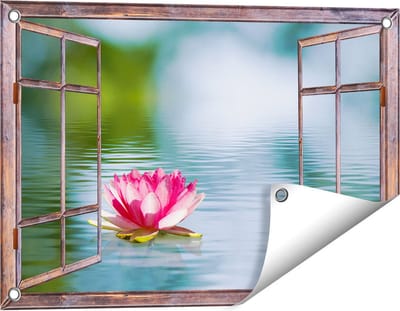 Gards Tuinposter Doorkijk Roze Lotusbloem op het Water - 60x40 cm - Tuindoek - Tuindecoratie - Wanddecoratie buiten - Tuinschilderij