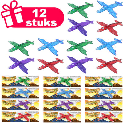 Henbrandt - 12 Stuks DINOSAURUS Foam Vliegtuigjes Zweefvliegtuigen - Fighter Glider - Traktatie uitdeelcadeautjes voor kinderen & peuters - Traktaties en kinderverjaardagen - Klein grabbelton speelgoed voor in traktatie uitdeelzakjes