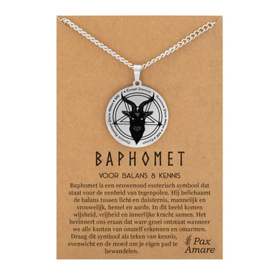 Baphomet Ketting op Cadeau Kaartje - Zilverkleurig - Spirituele Talisman - Roestvrij Staal / Stainless Steel - Duivel Symbool - 60cm - Pax Amare