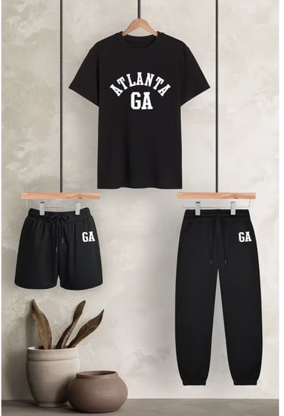 Trendy Zwart Atlanta T-Shirt met Sportieve Shorts en Joggers - Comfortabele Modieuze Set voor Vrije Tijd en Sport - 4XL-5XL