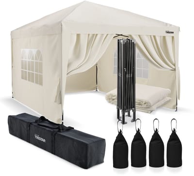 Tristar Partytent 3x3m - Inclusief Set van 4 Zandzakken - PT-7803 + PT-7805 - Easy Up - Met Zijwanden - Waterdicht - inclusief Draagtas - Paviljoen - Opvouwbaar - Beige