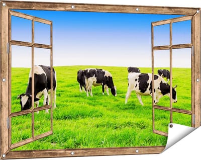 Gards Tuinposter Doorkijk Kudde Koeien in de Wei - Hemel Blauwe Lucht - 120x80 cm - Tuindoek - Tuindecoratie - Wanddecoratie buiten - Tuinschilderij
