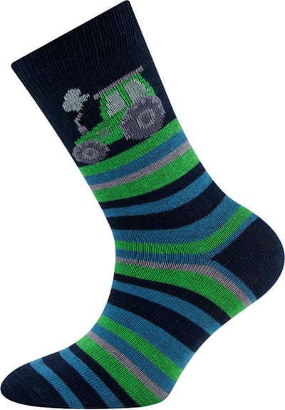 Ewers Kindersok - Donkerblauw met Groene Trekker/Tractor & Groene/Blauwe/Grijze Steepjes-31/34