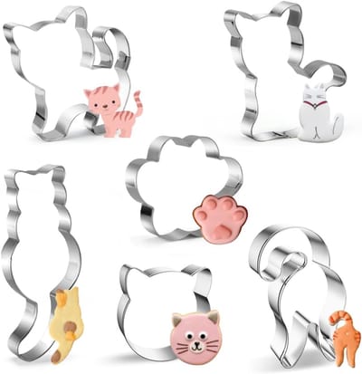 Famanu 6 stuks kattenuitsteekvormpjes, roestvrij staal voor kittens, uitsteekvormpjes in de vorm van een kattengezicht, uitsteekvorm in pootvorm, fondant uitsteekvorm, kattenkoekjessnijder geschenken