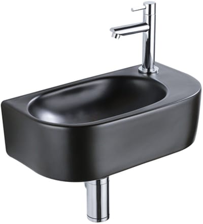 QeramiQ Fuente Fonteinset - 40x21.5x12cm - rechts - glad - halfrond - 1 kraangat - keramiek - fonteinkraan chroom - afvoerplug - verlaagd sifon - zwart mat