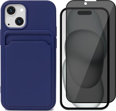 Hoesje Pasjeshouder geschikt voor iPhone 15 - Privacy Screenprotector FullGuard - Siliconen Case Back Cover Blauw & Screen Protector