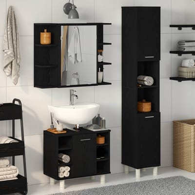 vidaXL - Badkamermeubel - Set - 3 - st - Zwart - 30 - x - 30 - x - 179,5 - cm - Bewerkt - hout