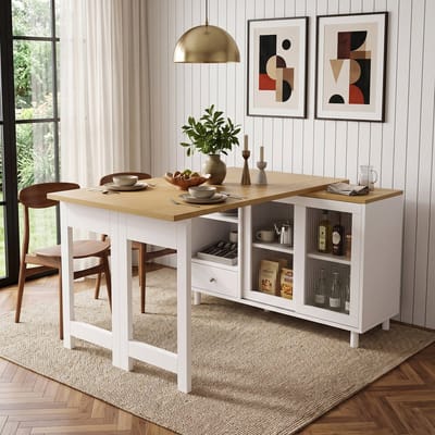 PHOEBE CAT Uitschuifbare Eettafel - Sideboard - Opklapbaar tafelblad - Met lades - Opbergruimte - Natuurlijke + Wit