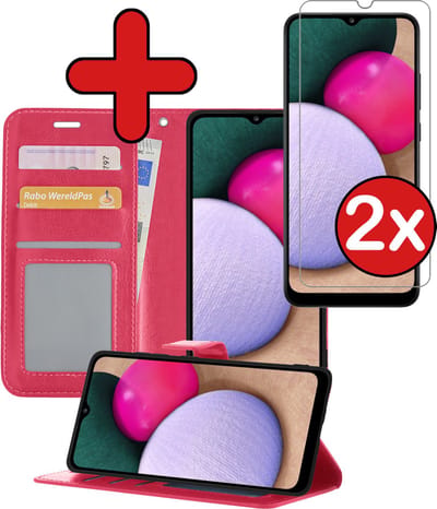 Hoesje - Met 2x Screenprotector - Geschikt voor Samsung Galaxy A02s - Luxe Pasjeshouder - Flip Case - Bookcase Portemonee - Kunstleer Book Case - Flipcase Hoes - Book Cover - Walletcase - Portemonneehoes - Telefoonhoes - Donkerroze