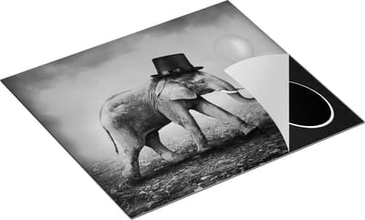Chefcare Inductie Beschermer Olifant met een Oranje Ballon - Hoedje - Zwart Wit - 60x50 cm - Afdekplaat Inductie - Kookplaat Beschermer - Inductie Mat