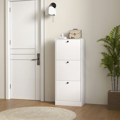 MODFU - Schoenenkast Met 3 Kleppen - Verstelbare Vakken - Modern - Voor Hal - Hout - Wit - 47 x 28 x 115 cm