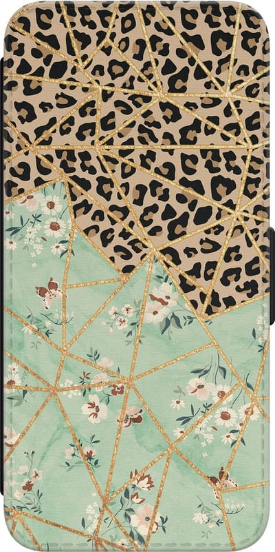 Leuke Telefoonhoesjes - Hoesje geschikt voor Samsung Galaxy A34 bookcase leer - Luipaard bloemen print - Luipaard bloemen print - Wallet Case met pasjeshouder - Luipaardprint - Groen