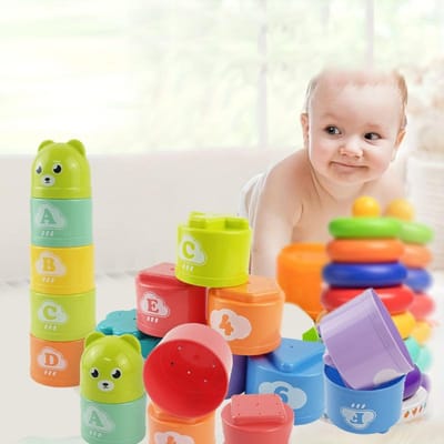 9 STKS Vermakelijke Regenboog Bekers Stapelbekers Figuur Letters Baby Kinderen Leerspeelgoed Stapeltoren Mini Beer Kinderen Peuters Speelgoed beige